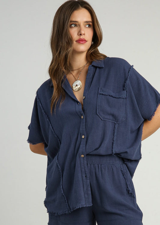 Saint Simmons Button Up Linen Top Navy