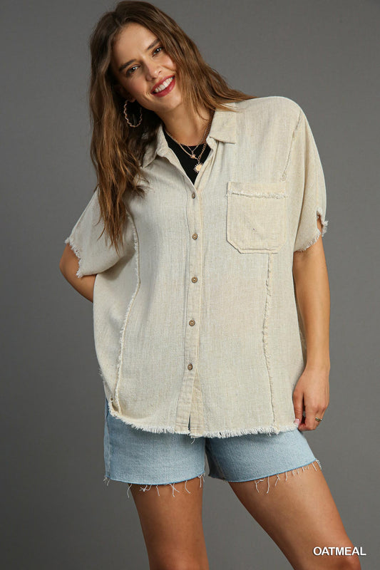 Saint Simmons Button Up Linen Top Oatmeal