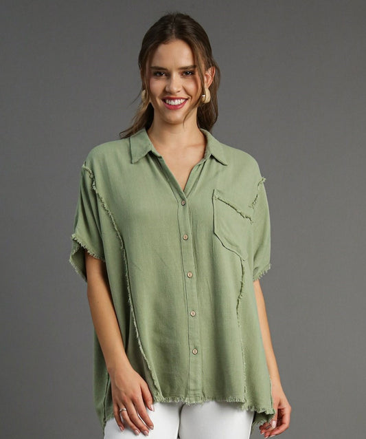 Saint Simmons Button Up Linen Top Sage