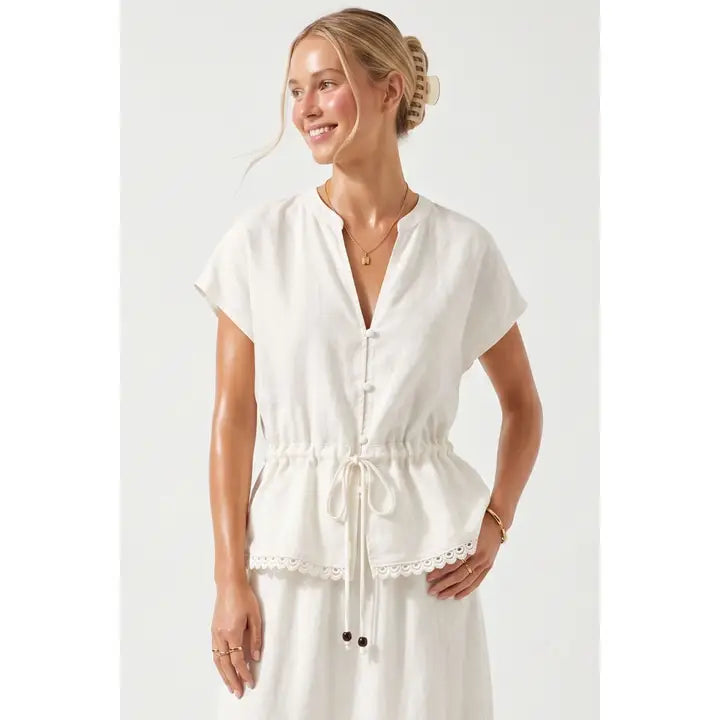 Scallop Hem Drawstring Linen Blouse In Off White