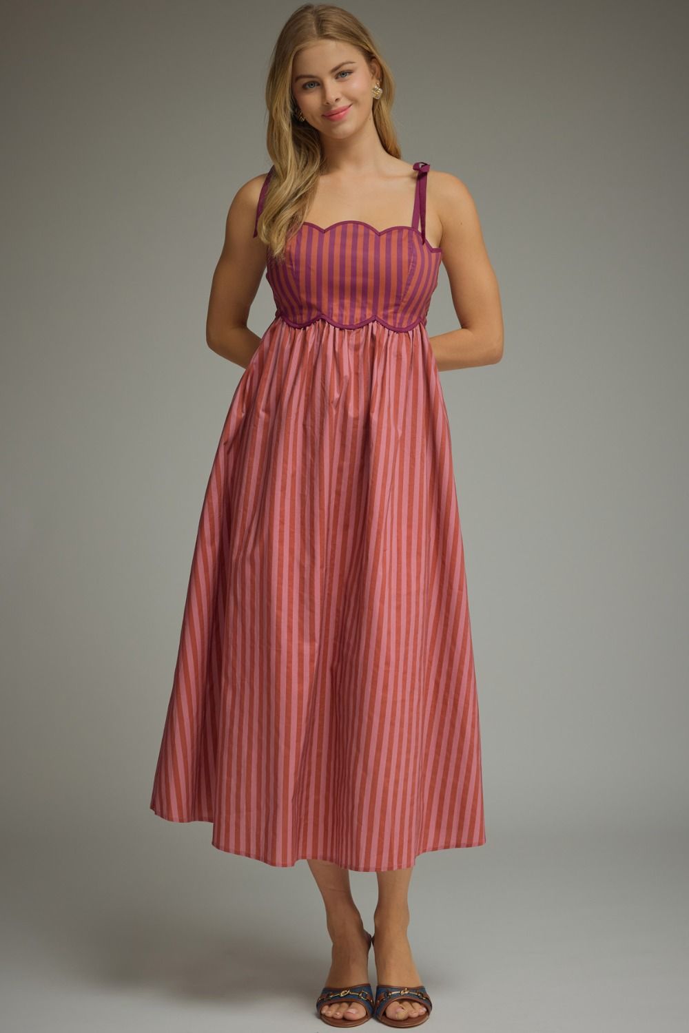 Scallop Neckline Stripe Midi Dress In Plum