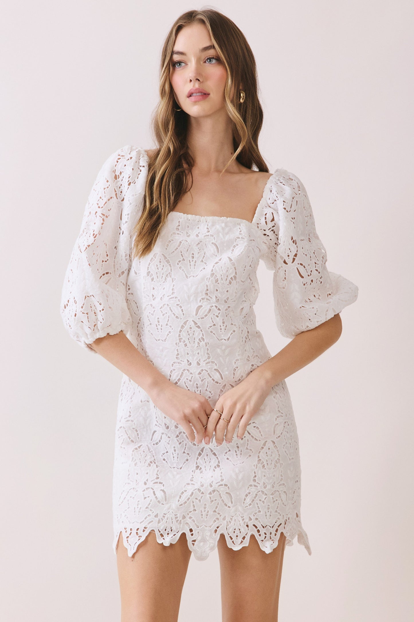 Scalloped Lace Puff Sleeve Mini Dress In White