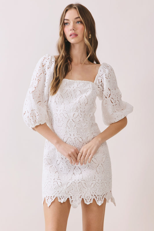 Scalloped Lace Puff Sleeve Mini Dress In White