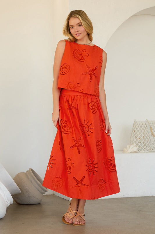 Seaside Embroidered Eyelet Set In Coral