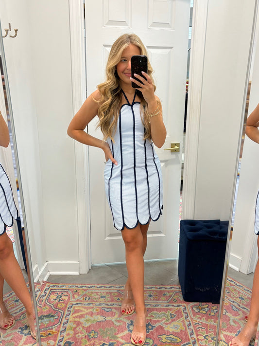 Seersucker Scallop Trim Dress In Blue
