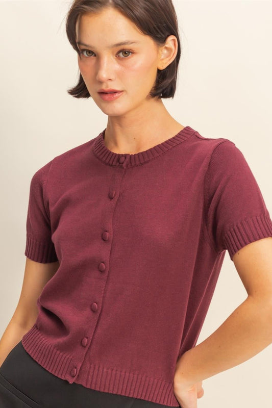 Short Sleeve Buttoned Cardigan In Dark Cherry
