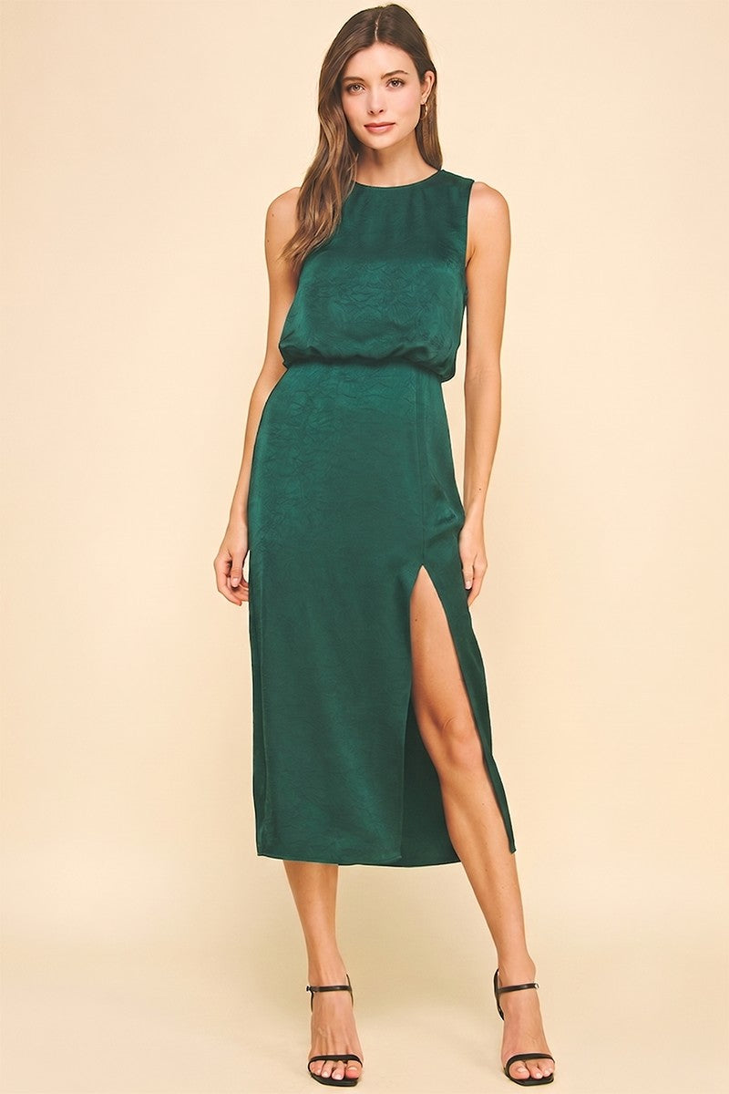 Silky Side Slit Midi Dress In Hunter Green