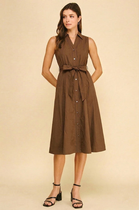 Sleeveless A-line Shirt Dress In Brown