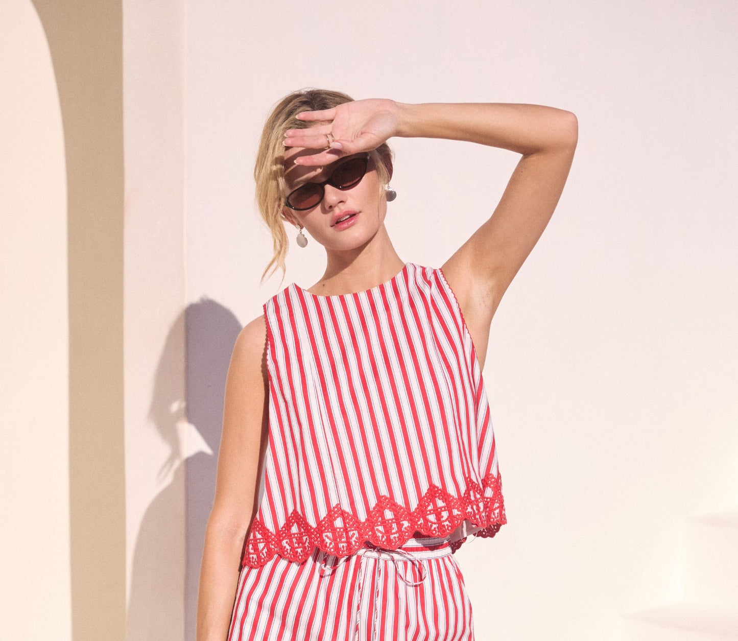 Sleeveless Striped Top With Embroidery Hem in Red