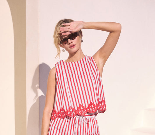 Sleeveless Striped Top With Embroidery Hem in Red