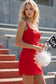 Sleeveless Front Twist Poplin Romper Dress with Overlay Skirt in Red