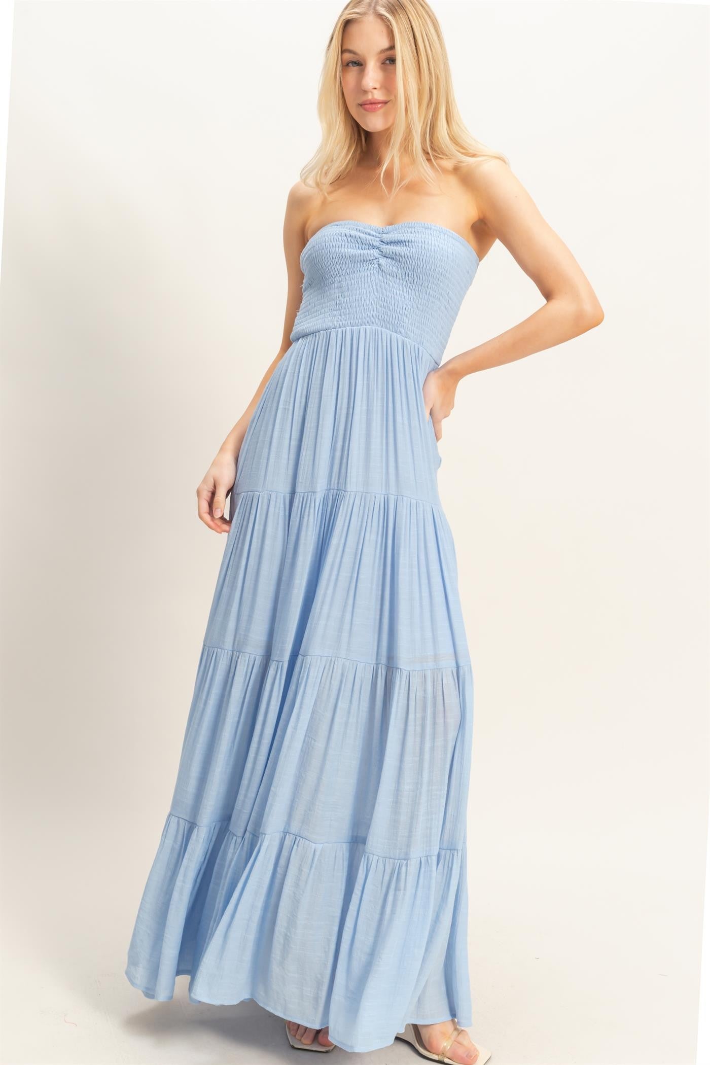 Smocked Elastic Neck Maxi Dress in Powder Blue