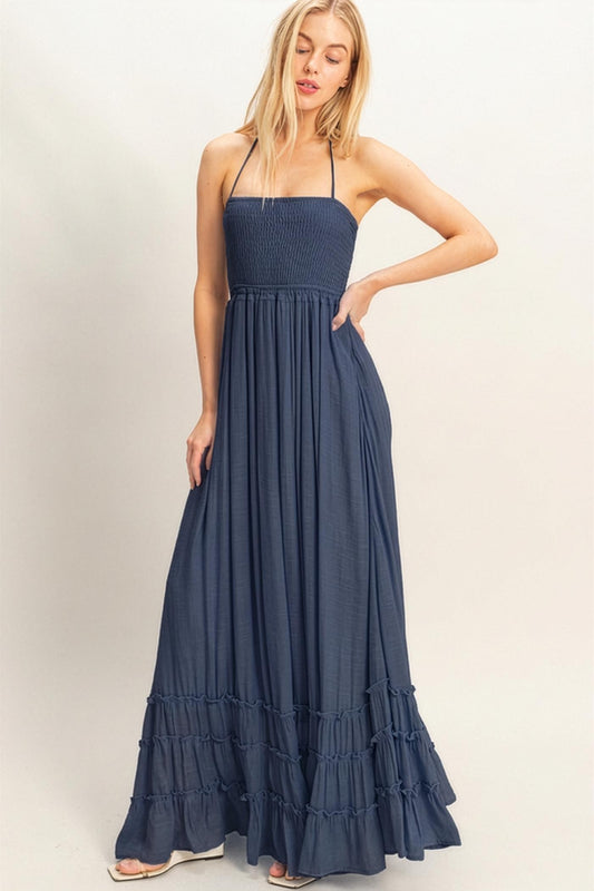 Smocked Halter Maxi Dress In Dark Navy