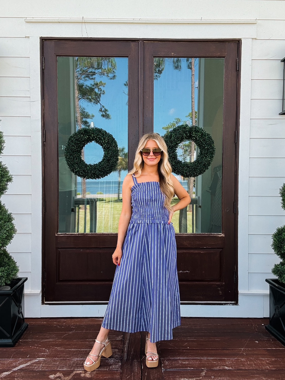 Smocked Purple Striped Midi Dress