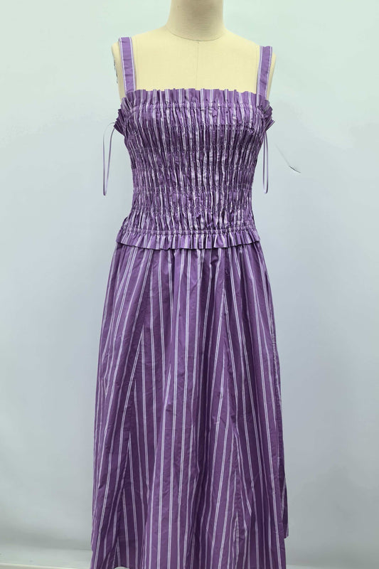 Smocked Purple Striped Midi Dress