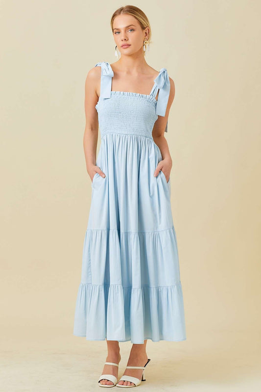 Smocked Top Maxi Dress in Light Blue