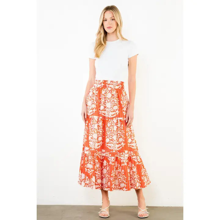 Smocked Waist Pattern Maxi Skirt In Orange