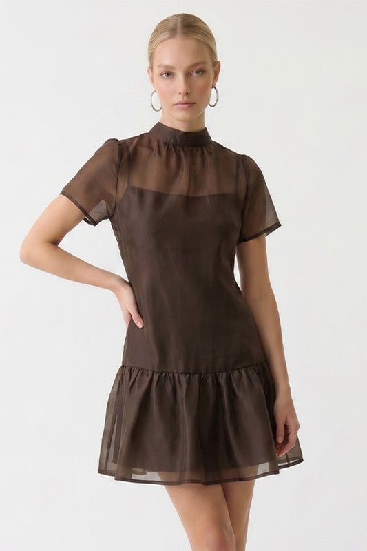 Soft Organza Mock Neck Mini Dress In Brown