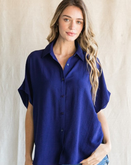 Solid Collared Button-Up Top Navy