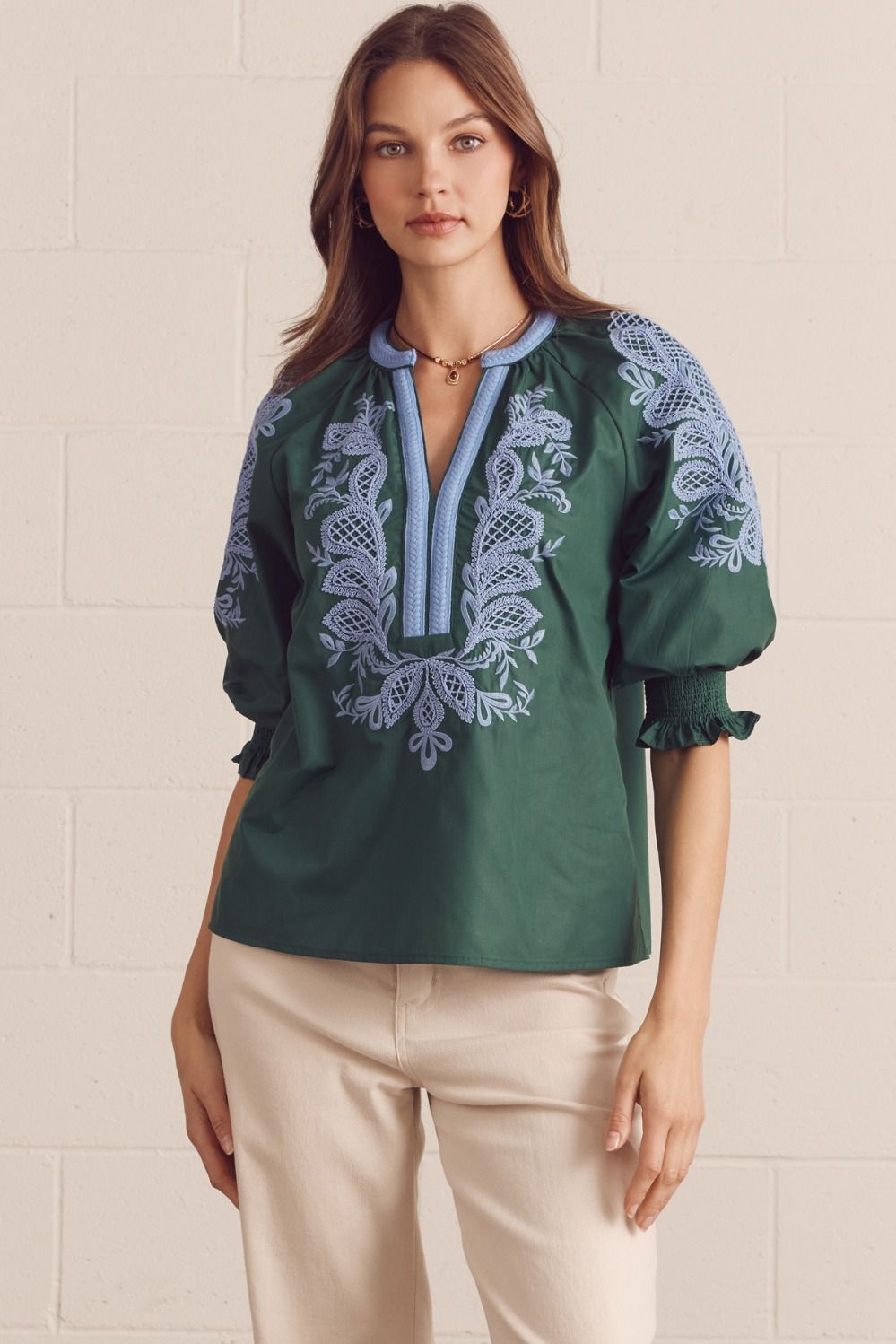 Solid Embroidered Top In Green