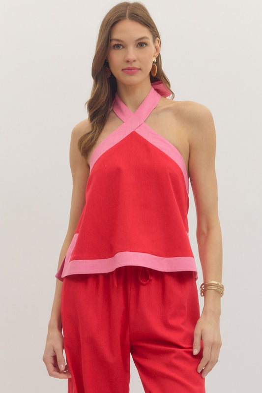 Solid Halter Top In Red/Pink