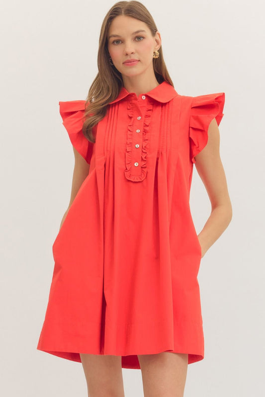 Solid Ruffle Sleeve Mini Dress In Red