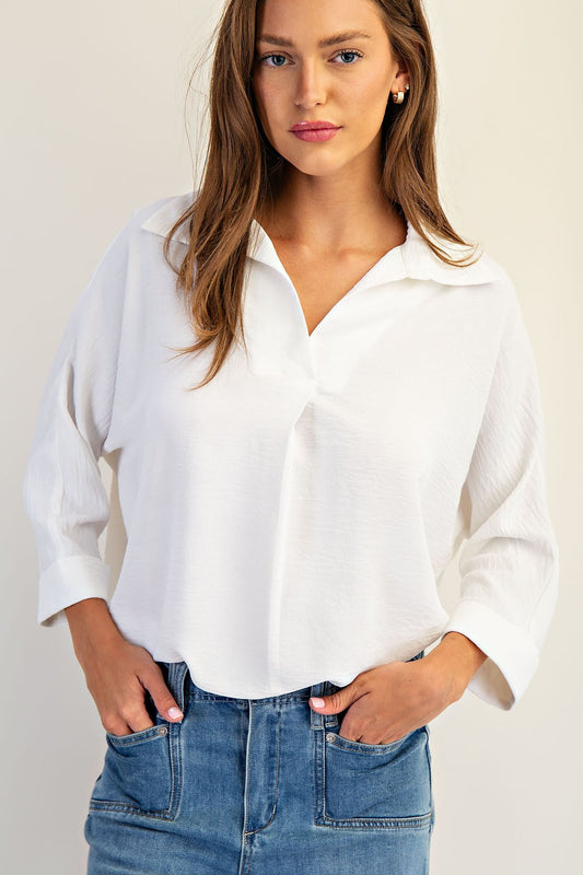 Solid 3/4 Sleeve Collared Blouse Top In Off White