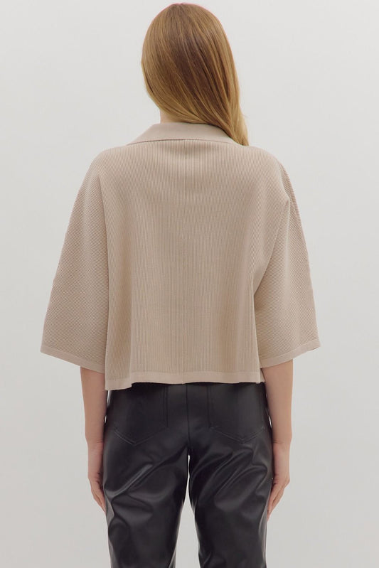 Solid 3/4 Sleeve Knit Top In Stone