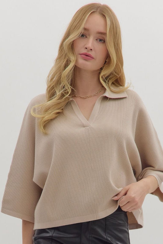 Solid 3/4 Sleeve Knit Top In Stone