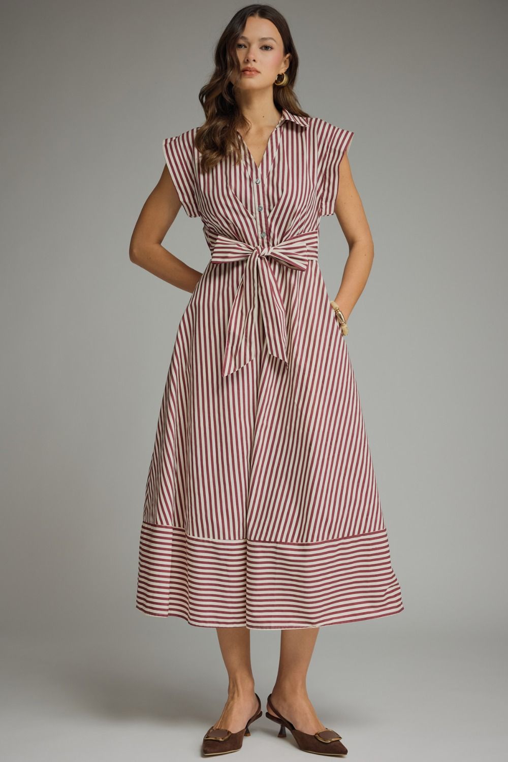 Southern Stripes Tie Front Dress In Burgundy