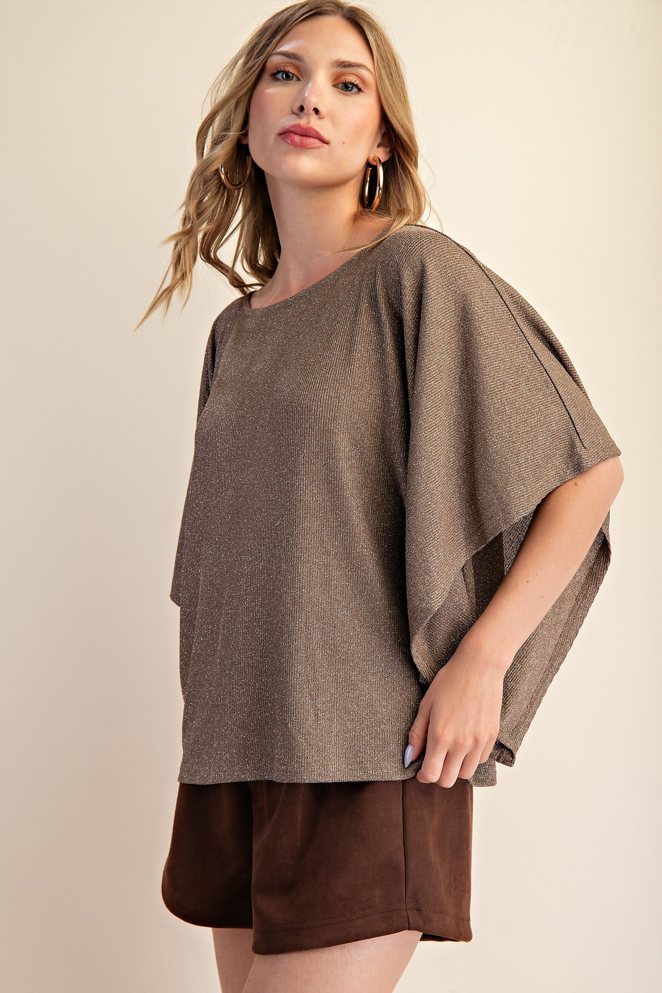 Sparkle Kimono Sleeve Knit Top In Mocha