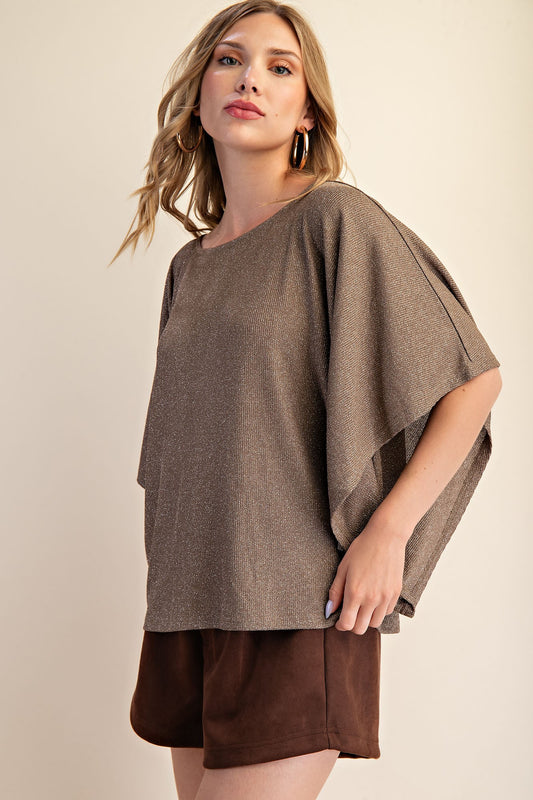 Sparkle Kimono Sleeve Knit Top In Mocha