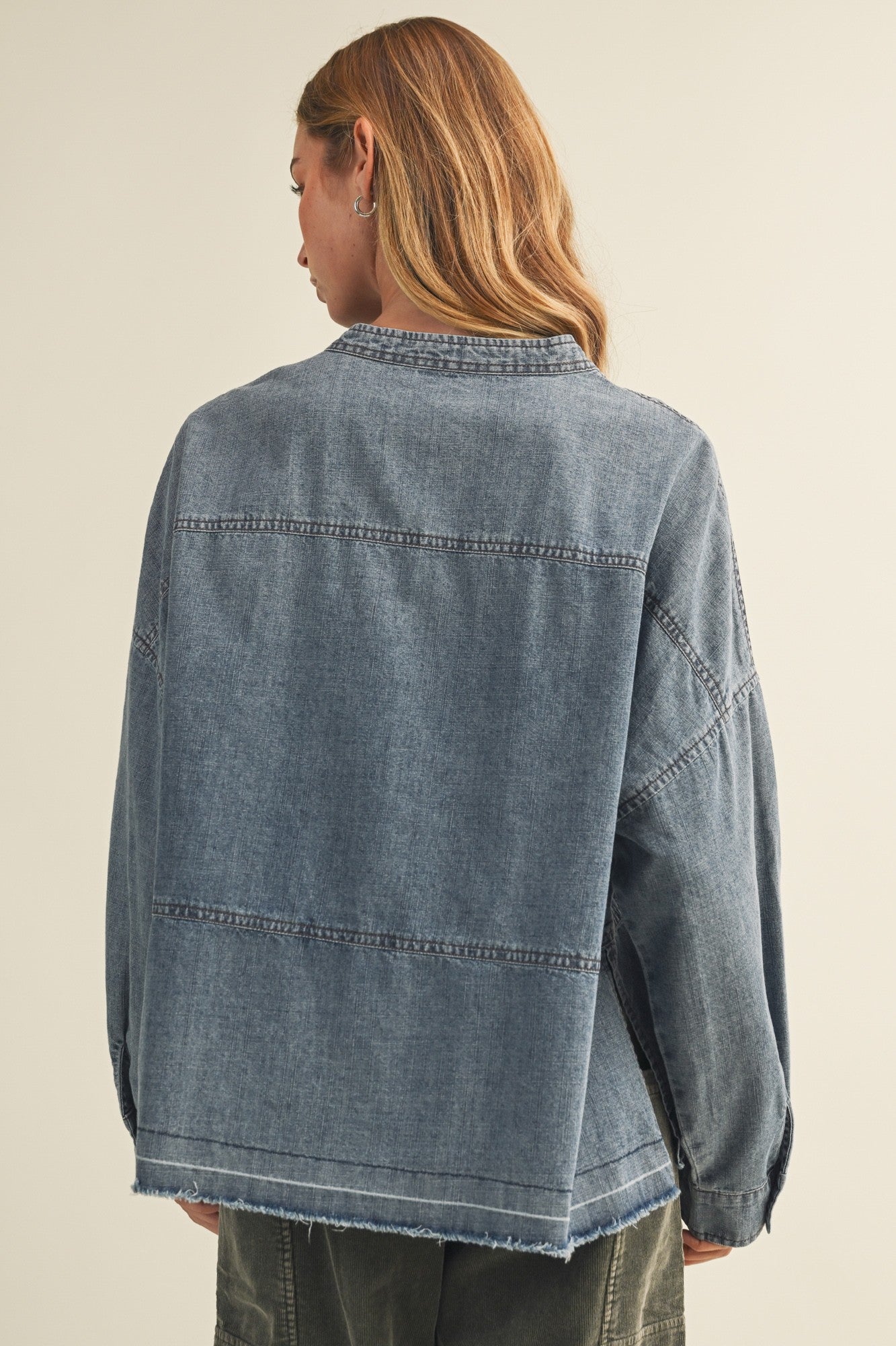 Split-Neck Frayed Edge Denim Blouse