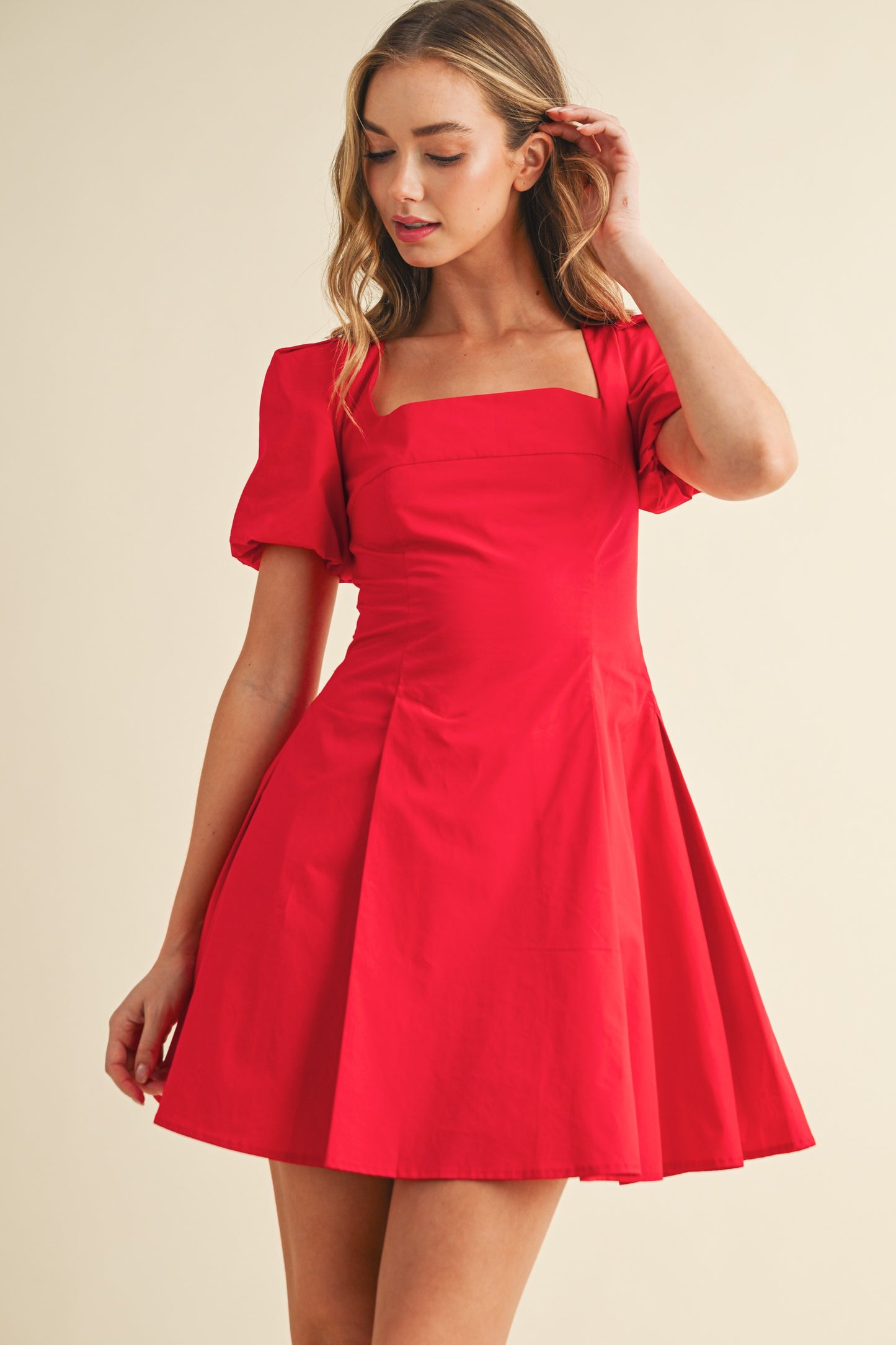 Square Neckline Short Puff Sleeves Mini Dress In Red