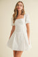 Square Neckline Short Puff Sleeves Mini Dress In White