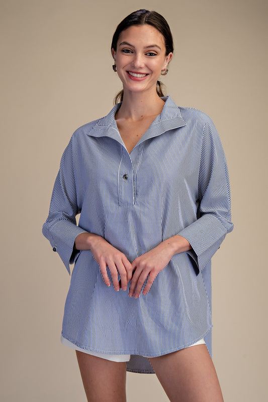 Stand Neck Dolman Sleeves Shirt In Navy Stripe