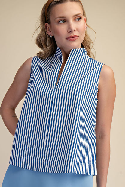 Standing Collar V-Neck Sleeveless Stripe Top