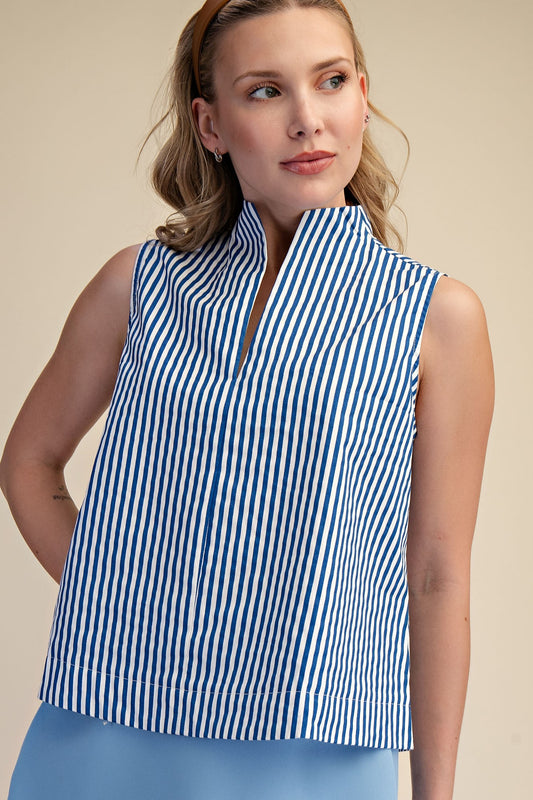 Standing Collar V-Neck Sleeveless Stripe Top