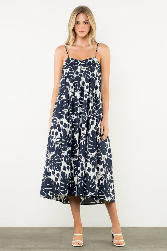 Strap Print Flower Dress in Navy