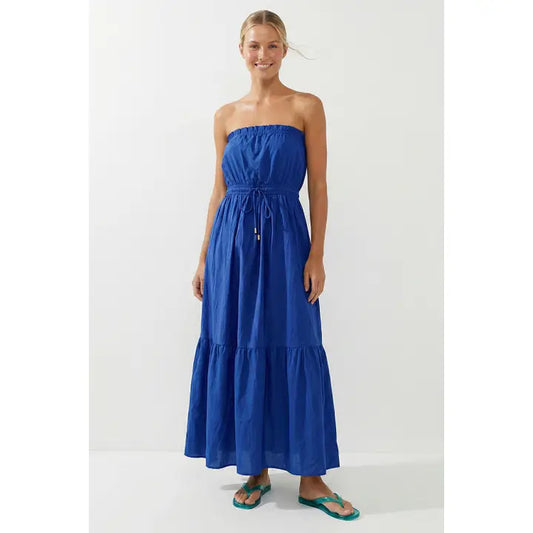 Strapless Drawstring Waist Maxi Dress In Blue