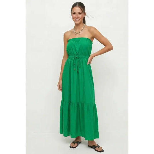 Strapless Drawstring Waist Maxi Dress In Green