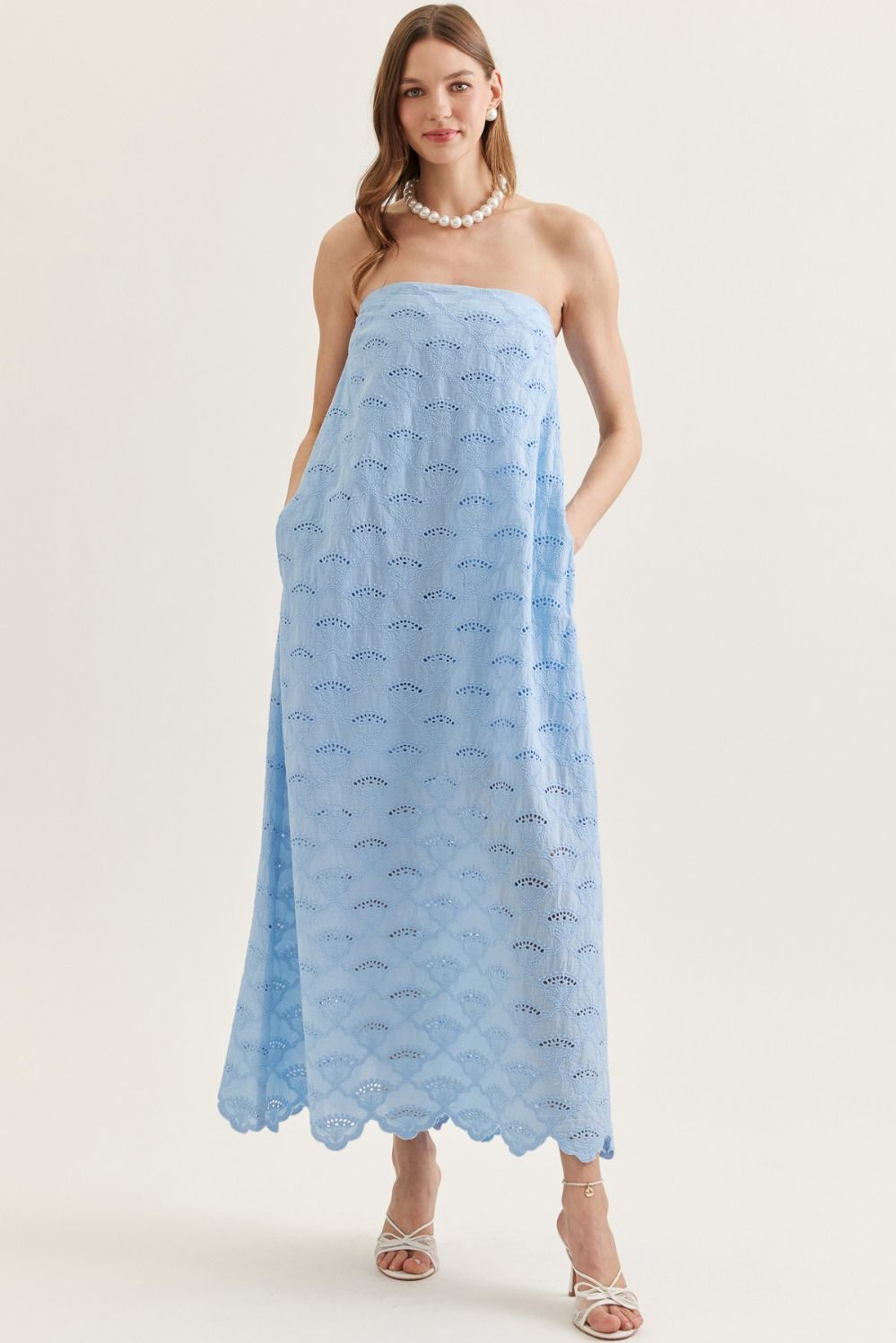 Strapless Eyelet Scallop Hem Maxi in Blue