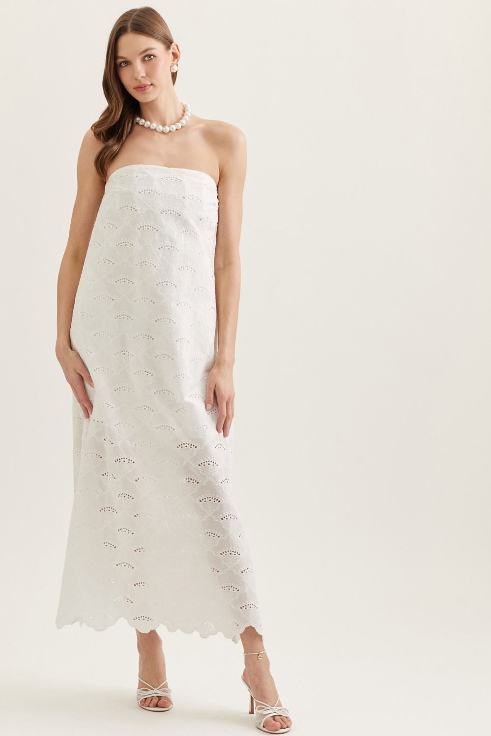 Strapless Eyelet Scallop Hem Maxi in White