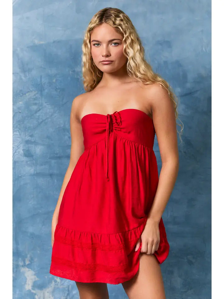 Strapless Lace Trim Babydoll Dress In Red