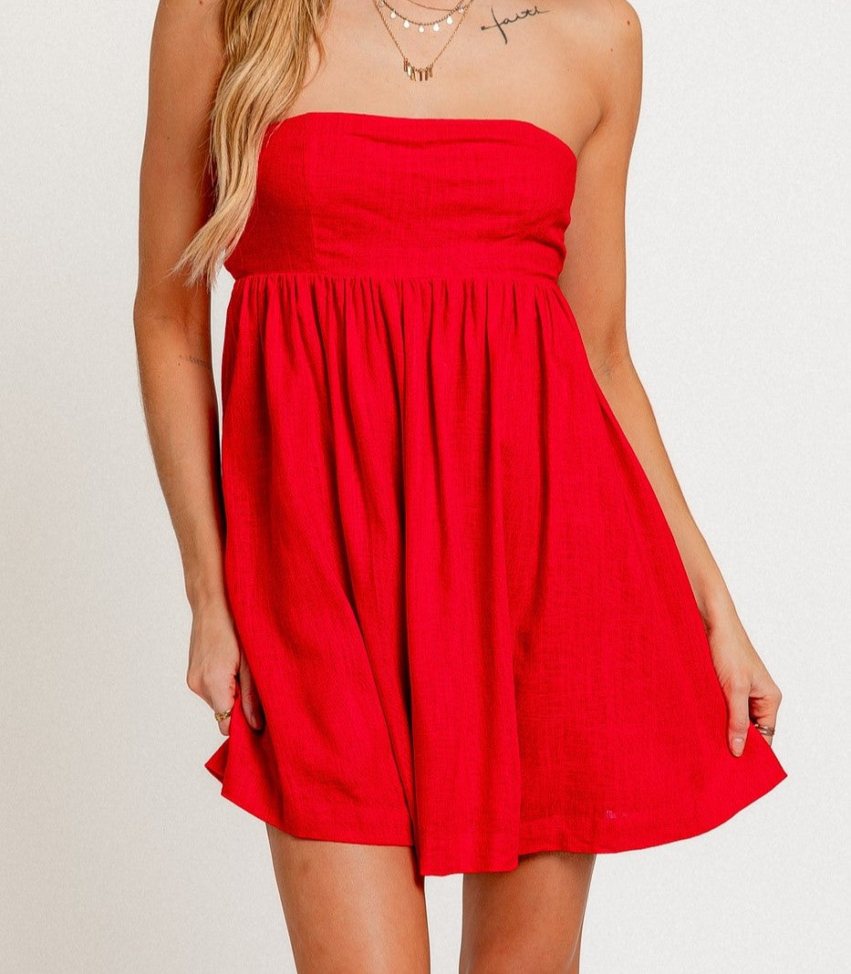 Strapless Linen Open Back Mini Dress in Red