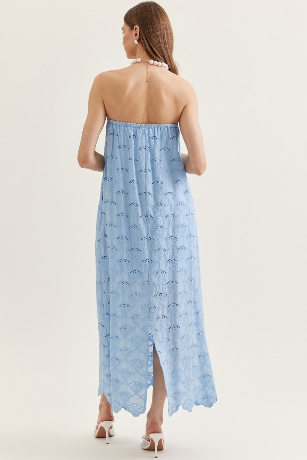Strapless Eyelet Scallop Hem Maxi in Blue