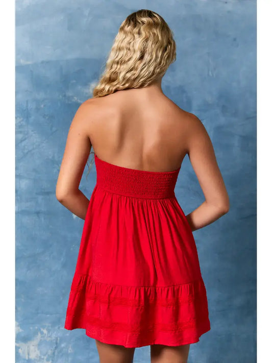Strapless Lace Trim Babydoll Dress In Red