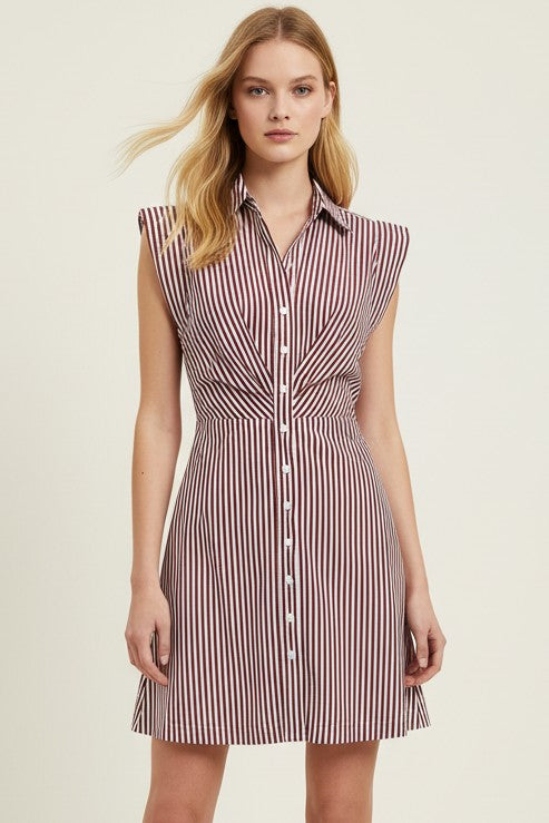 Stripe Cap Sleeve Button Down Mini Dress In Burgundy
