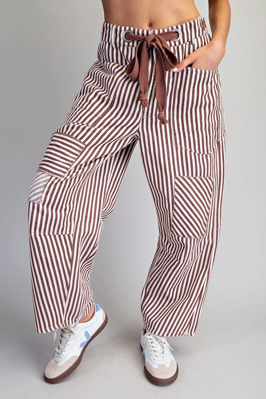 Stripe Drawstring Barrel Pants In Brownie Cream