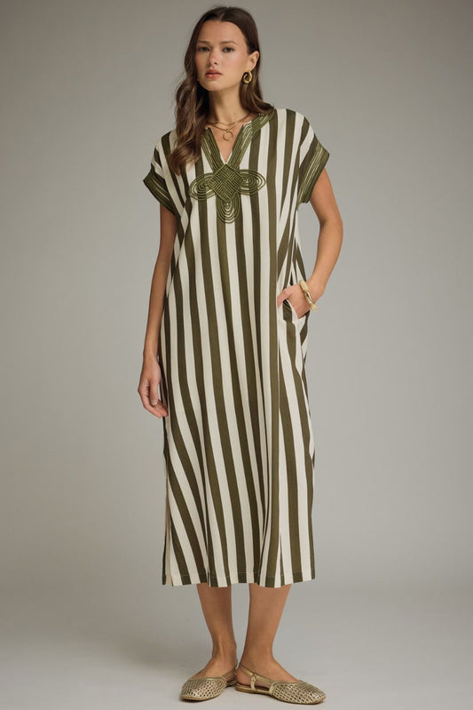 Stripe Midi Dress With Embellished Detail In Olive